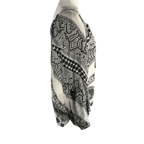 Hale Bob Sz Small Paisley Black & White Print Tassel Tie Front Chiffon Blouse Ov - Picture 11 of 12